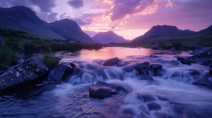 A beautiful mountain range with a river flowing through it. The water is a deep blue color and the sky is a soft pink color. The scene is peaceful and serene, with the mountains in the background