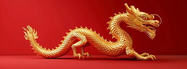 Fototapeta premium Golden Chinese dragon on a red background