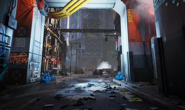 3D rendered illustration of a cyberpunk urban alley with neon signs and graffities 