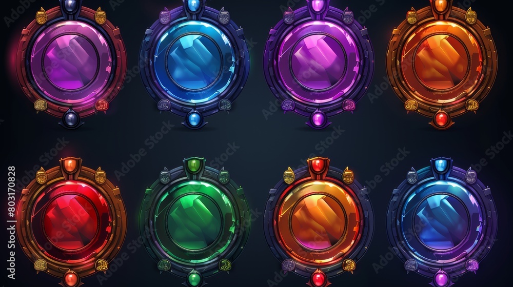 Poster different empty glowing metallic menu interface rim badge asset collection. fantasy circle avatar ga