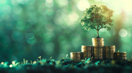 Money tree growing from a pile of coins