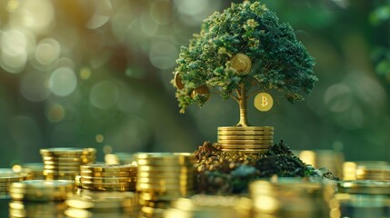 A digital composite image of a tree made of gold coins growing out of a pile of gold coins. - Powered by Adobe
