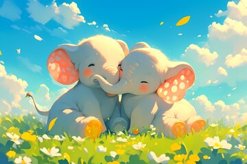Fototapeta na wymiar cartoon of a cute pair of elephants in the park