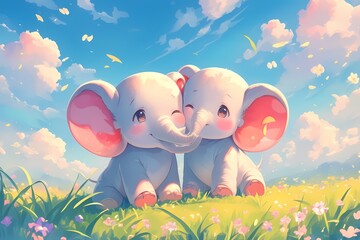 cartoon of a cute pair of elephants in the park