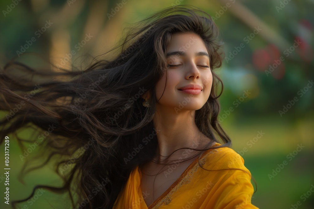 Canvas Prints Woman with flowing dark hair, wearing a yellow dress enjoying a breeze in a lush garden setting