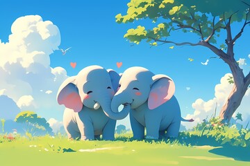 cartoon of a cute pair of elephants in the park
