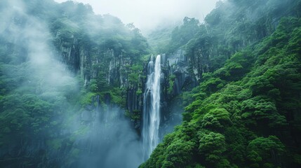 A lush green forest with a waterfall in the background. The sky is cloudy and the air is misty
