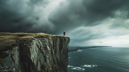 Person Standing at Cliff Edge with Dark Storm Cloud
