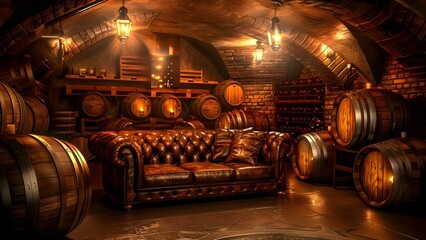 Dark cellar with leather couch wine barrels brick walls and dim lighting. Concept Wine Cellar Vibes, Leather & Brick, Dim Lighting, Moody Atmosphere