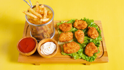Fries basket and chicken nuggets on tray