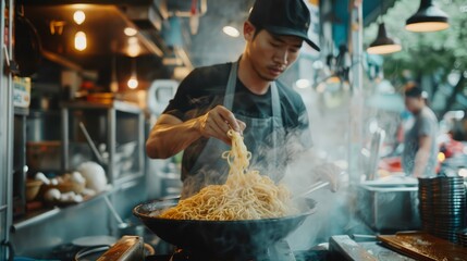 A man is cooking noodles in a wok. The steam from the noodles is rising into the air
