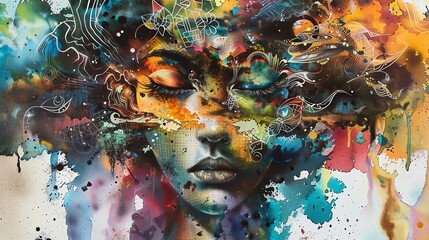 Capture the raw essence of street art meeting intellectual discourse through a surreal close-up view Blend intricate details with philosophical motifs in vivid watercolor strokes