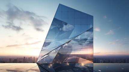 Capture the side profile of a futuristic, angular skyscraper with reflective glass panels in a sleek, digital 3D rendering