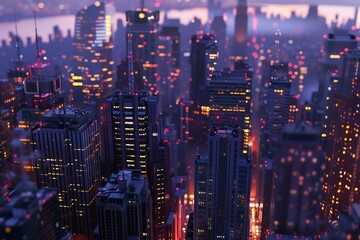 Fototapeta premium Capture the vast expanse of a bustling cityscape at dusk, showcasing towering skyscrapers and twinkling lights with a photorealistic digital rendering technique