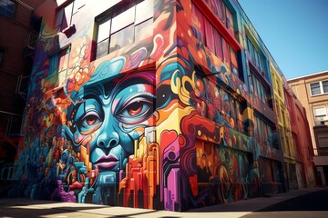 Capture the vibrancy of a dynamic street art piece through a wide-angle lens, enhancing its scale and impact Show the artwork from an unexpected yet captivating camera angle, inviting viewers to explo