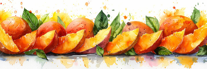 Watercolor illustration of mango pieces, beautiful, elicious, generative ai