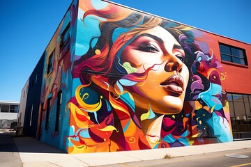 Capture the vibrancy of a dynamic street art piece through a wide-angle lens, enhancing its scale and impact Show the artwork from an unexpected yet captivating camera angle, inviting viewers to explo