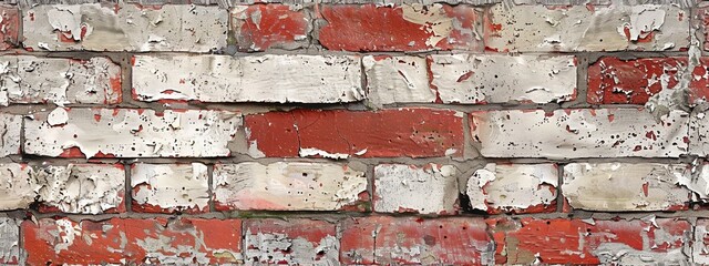 Textured Red and white Brick Wall, Close-up of a brick wall with peeling red paint, creating a rugged texture.