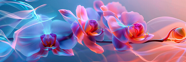 Closeup of vibrant orchid flowers in neon blue and pink hues, set against an abstract background...