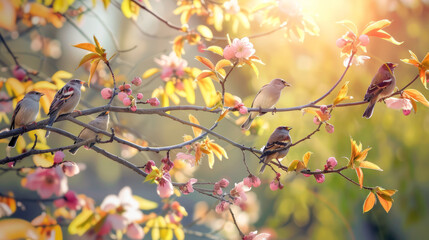 flock of birds sitting on a tree branch