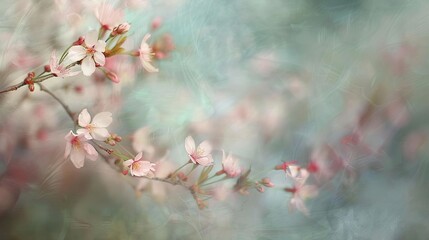 Cherry blossoms in full bloom, soft focus, pastel colors, gentle spring breeze