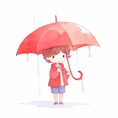child with red umbrella watercolor, vibrant child with red umbrella watercolor