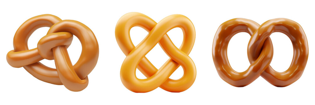 PNG pretzel 3d icons and objects collection, in cartoon style minimal on transparent, white background, isolate