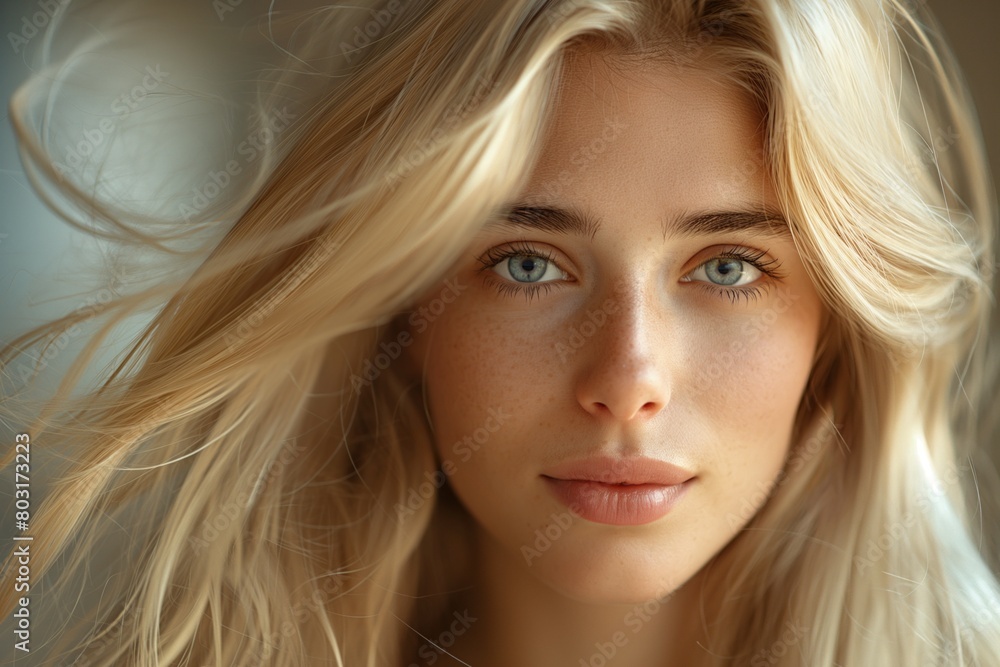 Poster Close up of a young woman with flowing blonde hair and striking blue eyes, radiating natural beauty