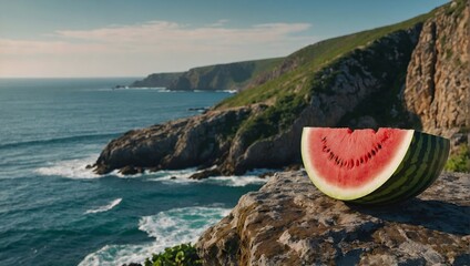 A slice of watermelon sits on a rocky outcrop overlooking the ocean