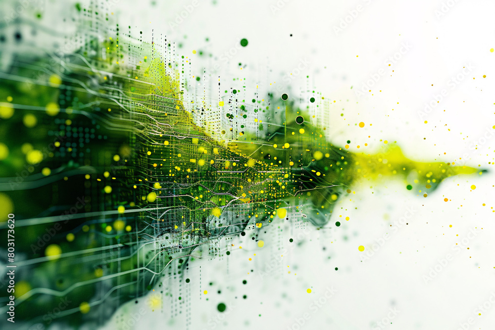 Poster bright green and yellow abstract splash across a white background with dynamic particles and network