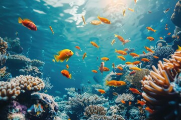 Naklejka premium Tropical sea underwater fishes on coral reef. Aquarium oceanarium wildlife colorful marine panorama landscape nature snorkel diving ,coral reef and fishes 