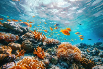Tropical sea underwater fishes on coral reef. Aquarium oceanarium wildlife colorful marine panorama landscape nature snorkel diving ,coral reef and fishes	