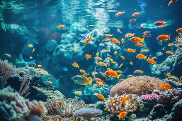 Naklejka premium Tropical sea underwater fishes on coral reef. Aquarium oceanarium wildlife colorful marine panorama landscape nature snorkel diving ,coral reef and fishes 