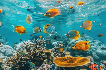 Tropical sea underwater fishes on coral reef. Aquarium oceanarium wildlife colorful marine panorama landscape nature snorkel diving ,coral reef and fishes	