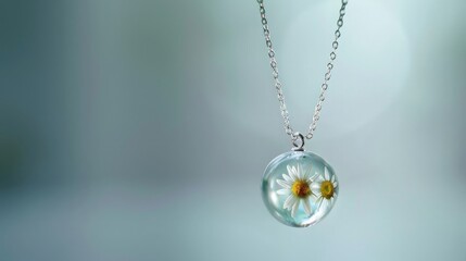 create a realistic and luminous image of a silver delicate chain necklace with a glass sphere pendant containing real daisy flowers, set against a minimal background