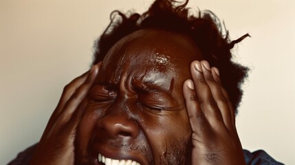Authentic portrait of African aged guy had his blood pressure rise up touch head terrible headache isolated white background