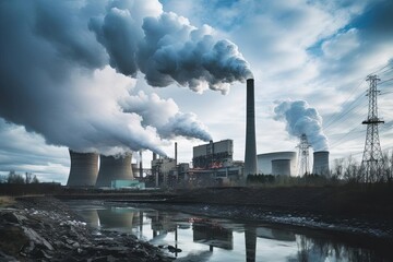 Coal power plant, smokestacks emitting steam, cloudy day, environmental impact, wide view