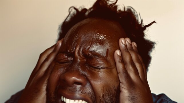 Authentic portrait of African aged guy had his blood pressure rise up touch head terrible headache isolated white background