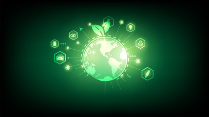 Abstract green glowing planet Earth. Earth hour concept.Wireframe light connection structure. Vector illustration. Web and Social Header Banners for ESG. Sustainable business or green business vector	