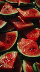 A close up of watermelon slices with black seeds. Concept of freshness and summertime, as watermelon is a popular fruit during the warmer months.