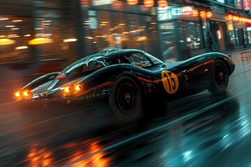 A dynamic shot of a racing car's sleek silhouette against the backdrop of a city skyline, the urban landscape blurring past as it speeds towards victory