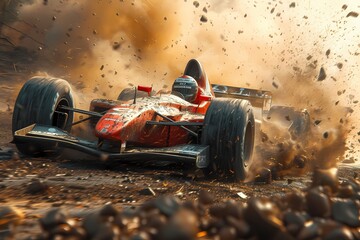 A dynamic shot of a racing car kicking up clouds of dust and debris as it tears across the dirt track with unmatched speed and agility