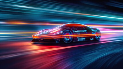 Obraz premium Futuristic clean energy car driving fast with colorful light trails.