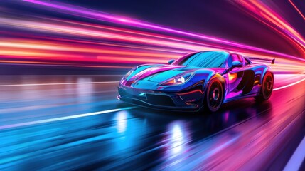 Fototapeta premium Futuristic clean energy car driving fast with colorful light trails.