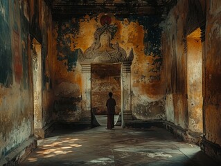 A wanderer deciphers ancient symbols among Thai temples in shadowed light, blending past and abstract visions. Behr color trends. - obrazy, fototapety, plakaty