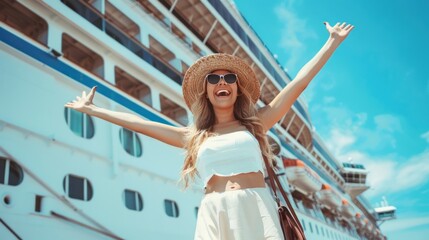Happy woman tourist with arms raised standing in front of big cruise liner, Luxury travel on summer...