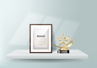 Trophy and frame realistic compostion with bright wall shelf and golden globe statuette with empty photo frame illustration