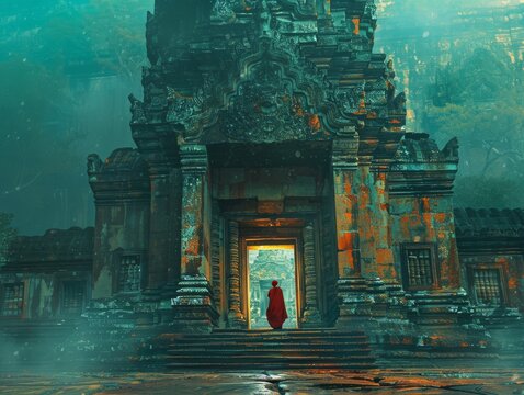 A lone wanderer deciphers ancient symbols in Thai temples, merging past and abstract visions. Colors of dark teal, amber, squash, and vermillion add depth.