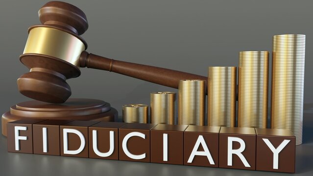 3d rendering of fiduciary on cube shapes with pile of gold money and gavel