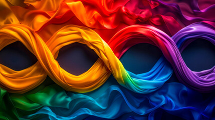 Double sign of an endless rainbow on multi colored fabric background. Symbol of movement for rights and acceptance of autism. World Autism Awareness, Neurodiversity Day. Neuro disorder. Copy space.